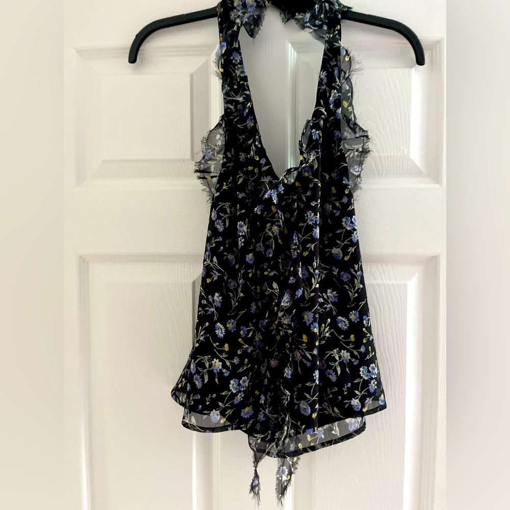 TOPSHOP Ruffle Halter Top In Blue Ditsy Floral-Multi - Picture 2 of 5